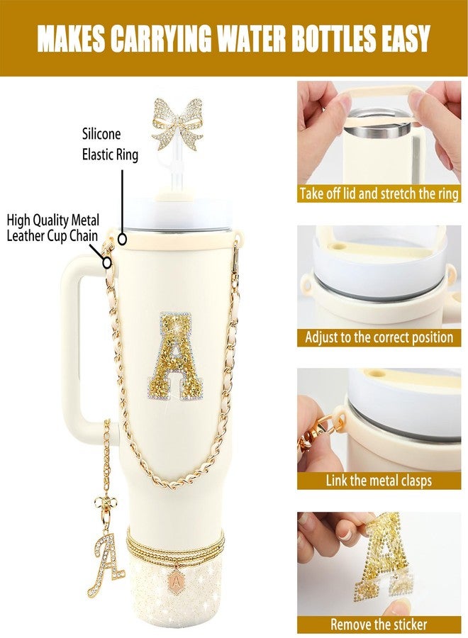 Hpebl 11PCS Gold for Stanley Cup Accessories Set 30/40 OZ Bling Rhinestones Bow Initials Charms for Stanley Decorations Tumbler Accessories Including Butterfly Straw Toppers, Tumbler Boot（Letter A） - Image 3