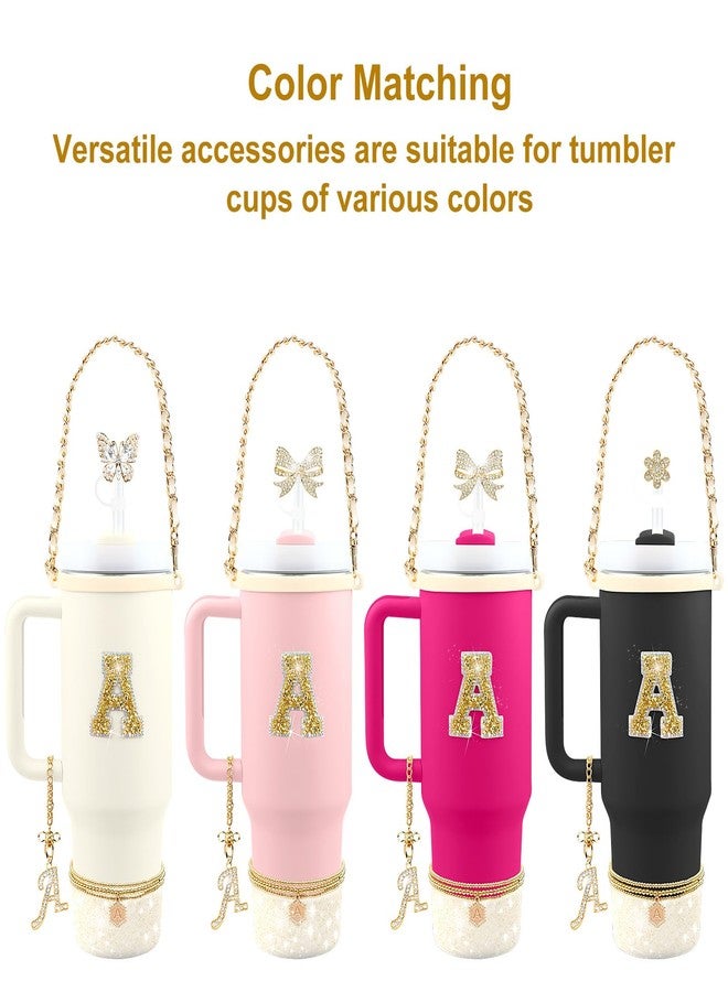 Hpebl 11PCS Gold for Stanley Cup Accessories Set 30/40 OZ Bling Rhinestones Bow Initials Charms for Stanley Decorations Tumbler Accessories Including Butterfly Straw Toppers, Tumbler Boot（Letter A） - Image 2