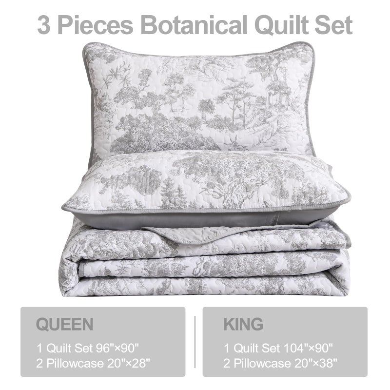 WONGS BEDDING Grey Quilt Set King Size  3 Pieces Botanical Bedspreads Set Lightweight Microfiber Grey Plants Pattern Coverlet Home Decor for All Seasons(104""?90"") - Image 4