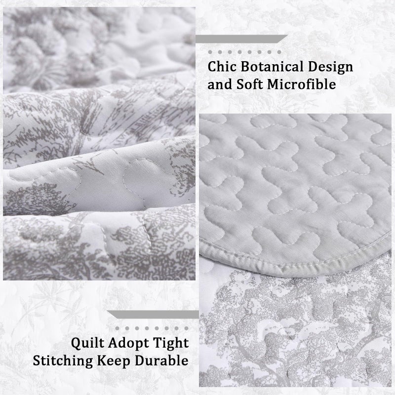 WONGS BEDDING Grey Quilt Set King Size  3 Pieces Botanical Bedspreads Set Lightweight Microfiber Grey Plants Pattern Coverlet Home Decor for All Seasons(104""?90"") - Image 5