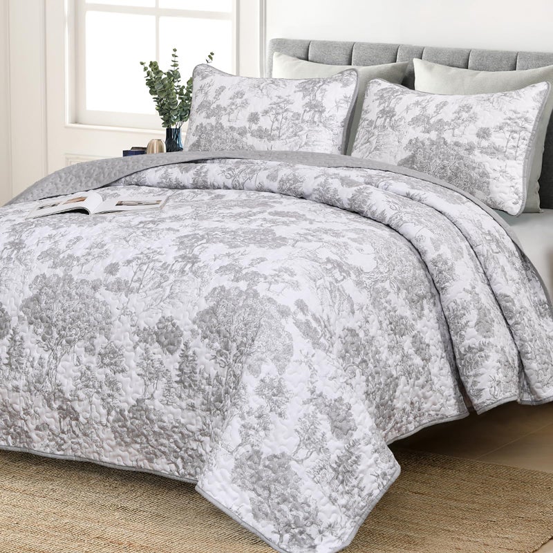 WONGS BEDDING Grey Quilt Set King Size  3 Pieces Botanical Bedspreads Set Lightweight Microfiber Grey Plants Pattern Coverlet Home Decor for All Seasons(104""?90"") - Image 1