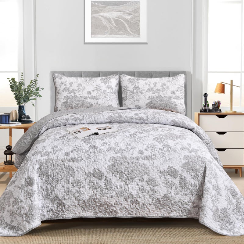 WONGS BEDDING Grey Quilt Set King Size  3 Pieces Botanical Bedspreads Set Lightweight Microfiber Grey Plants Pattern Coverlet Home Decor for All Seasons(104""?90"") - Image 2