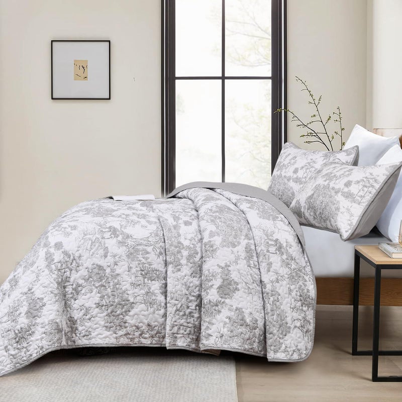 WONGS BEDDING Grey Quilt Set King Size  3 Pieces Botanical Bedspreads Set Lightweight Microfiber Grey Plants Pattern Coverlet Home Decor for All Seasons(104""?90"") - Image 3
