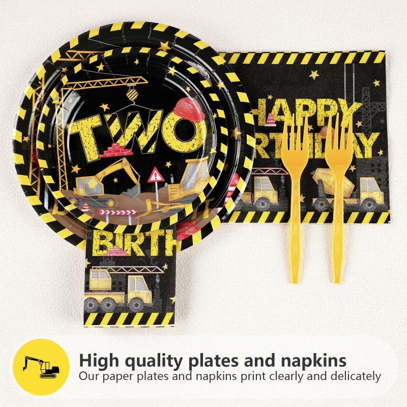 Grencian 96Pcs Construction 2nd Birthday Party Supplies Construction Truck Plates Napkins Forks Tableware Sets Excavator 2nd Birthday Decorations Favors for Boys Tractor Dump Two Years Old Party  Serves 24 - Image 3