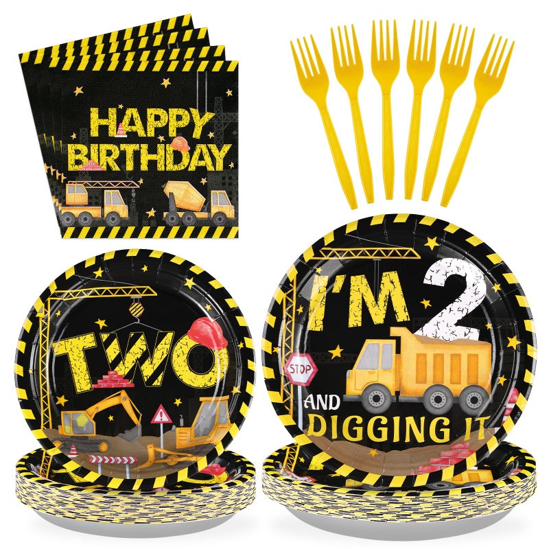 Grencian 96Pcs Construction 2nd Birthday Party Supplies Construction Truck Plates Napkins Forks Tableware Sets Excavator 2nd Birthday Decorations Favors for Boys Tractor Dump Two Years Old Party  Serves 24 - Image 1