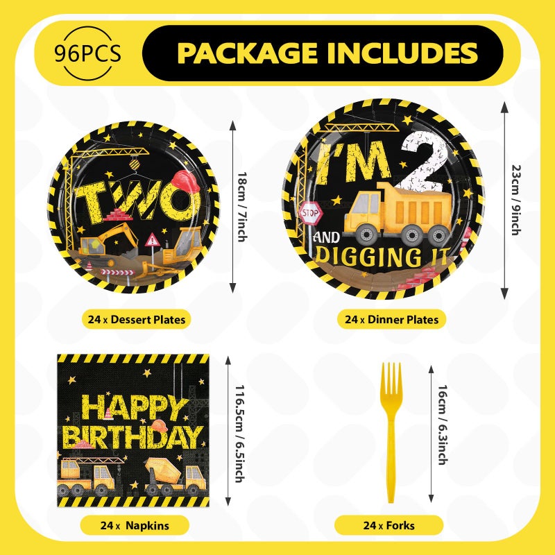 Grencian 96Pcs Construction 2nd Birthday Party Supplies Construction Truck Plates Napkins Forks Tableware Sets Excavator 2nd Birthday Decorations Favors for Boys Tractor Dump Two Years Old Party  Serves 24 - Image 2