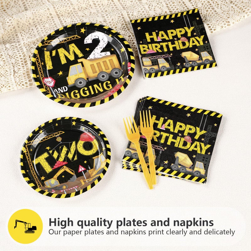Grencian 96Pcs Construction 2nd Birthday Party Supplies Construction Truck Plates Napkins Forks Tableware Sets Excavator 2nd Birthday Decorations Favors for Boys Tractor Dump Two Years Old Party  Serves 24 - Image 4