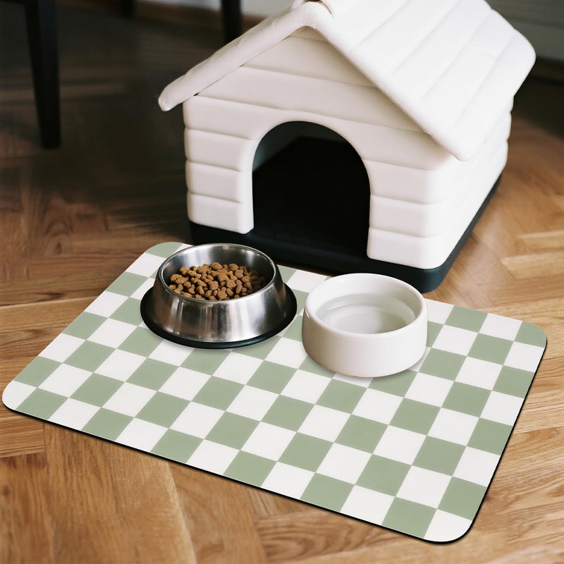 CooRug Checkered Dog Food Mat, Absorbent Leak-Proof Pet Feeding Mat, Quick Dry Cat Food Mat for Messy Drinkers 12" x 20" Green - Image 3
