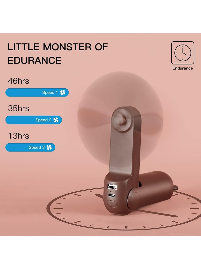 MODERN HOME Portable Handheld Fan, Mini Pocket Hand Fan, Small Battery Operated 14-21 hours, USB Rechargeable Foldable Fan, Quiet Personal Fan with Power Bank, Flashlight for Indoor, Outdoor - Brown - Image 3