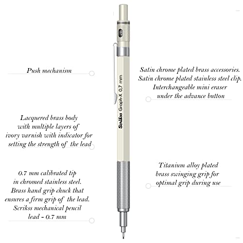Scrikss 0.7mm Mechanical Clutch Lead Pen Pencil Ivory Brass Body Push Mechanism Graph-X Series Eraser Included - Image 2