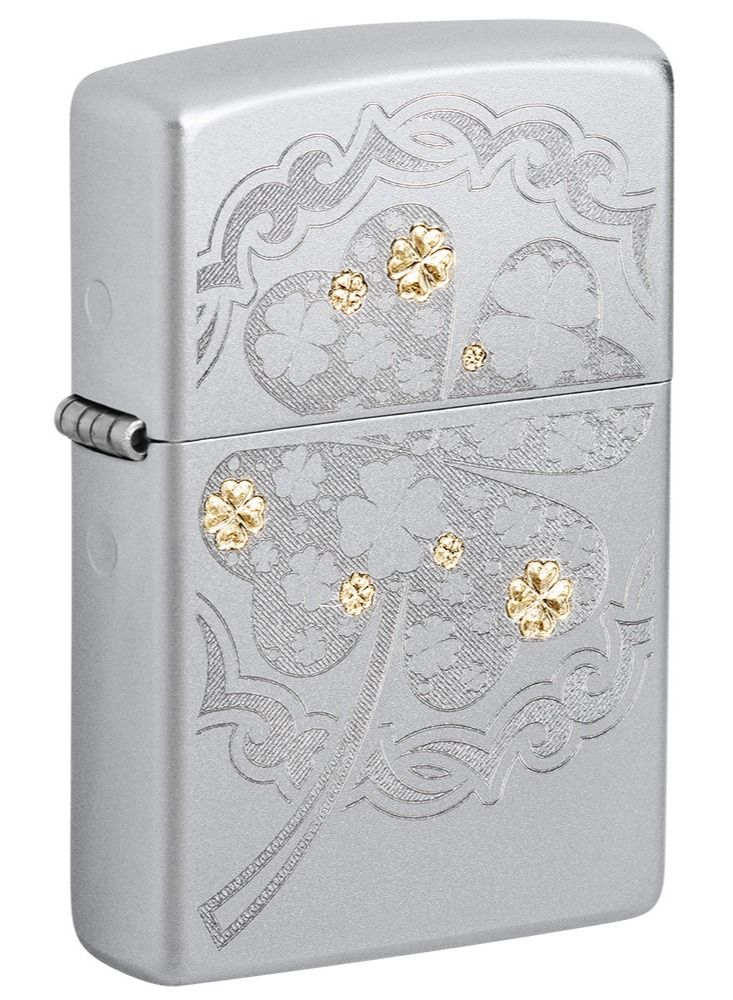 Zippo Ae184641 205 Four Leaf Clover Satin Chrome Windproof Lighter - Image 1