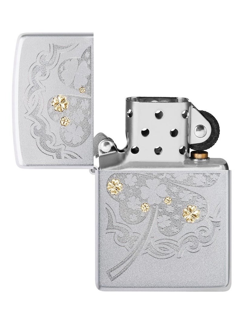 Zippo Ae184641 205 Four Leaf Clover Satin Chrome Windproof Lighter - Image 4