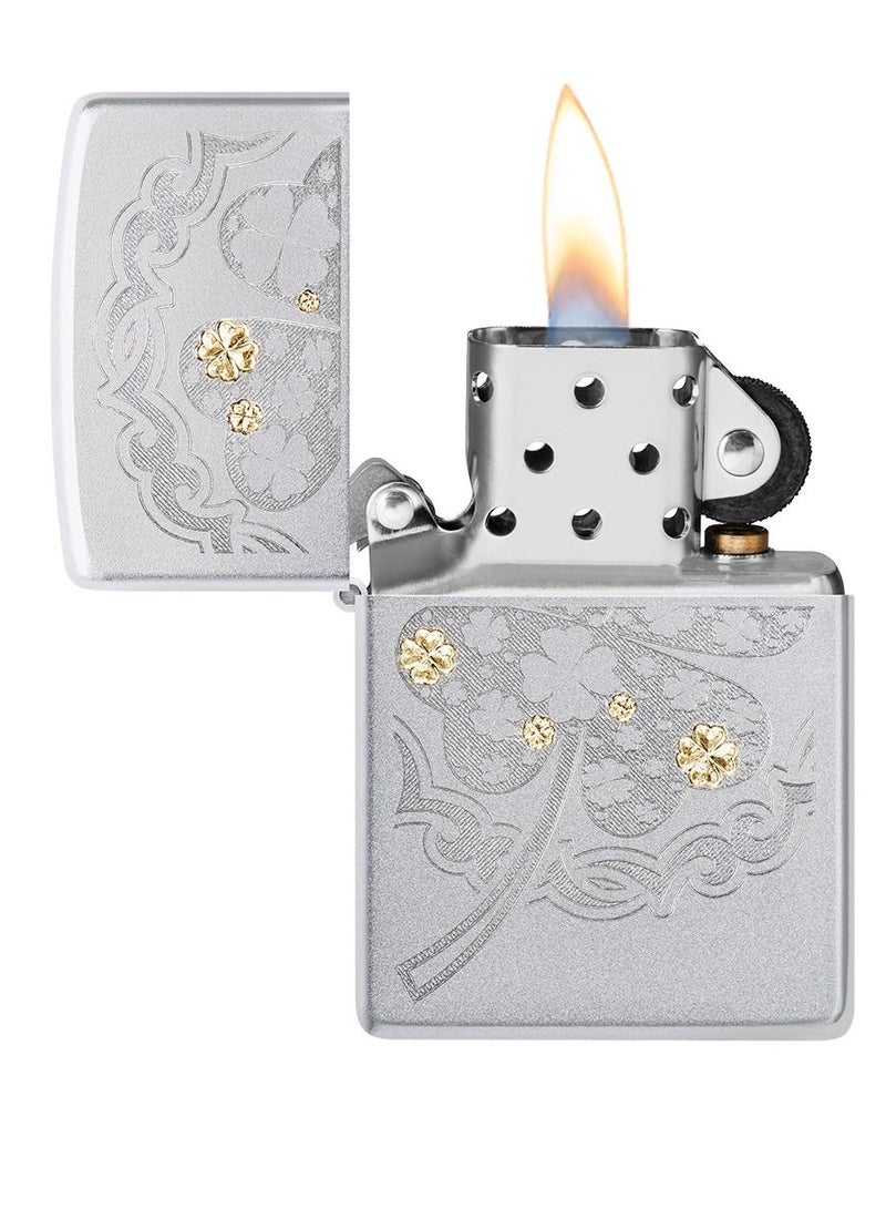 Zippo Ae184641 205 Four Leaf Clover Satin Chrome Windproof Lighter - Image 3