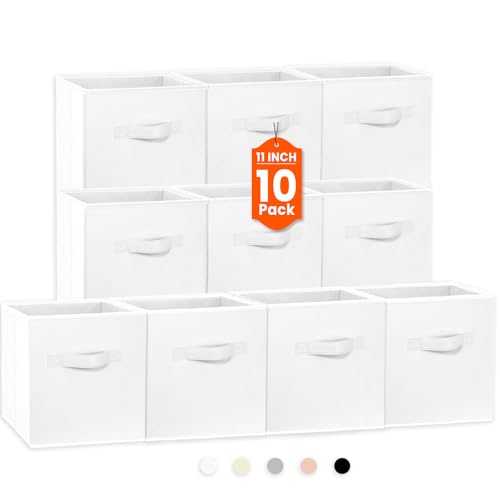 Criusia Storage Cubes, 11 Inch Cube Storage Bins for Shelves Closet Nursery Bedroom - 10 Pack Collapsible Baskets with Handles - Fabric Bins for Organizing Clothes Blanket Toys (White) - Image 1