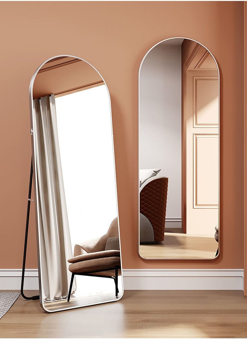 fashionhome Modern Full Length Mirror Standing Hanging or Leaning Against Wall Floor Mirror Dressing Mirror Wall-Mounted Mirror Aluminum Alloy Thin Frame Silver 60x165cm Oval Top Rounded Corner  - Image 1