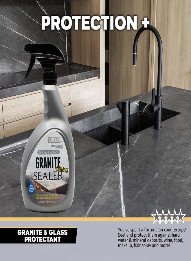 Flitz Granite Sealer (+ Quartz) - 32oz Bottle of USA-Made Quartz Sealer for Countertops, Glass, & More - Food Safe Marble Sealant that Shields Against Hard Water Stains, Mineral Deposits, Oil (1 Pack) - Image 3