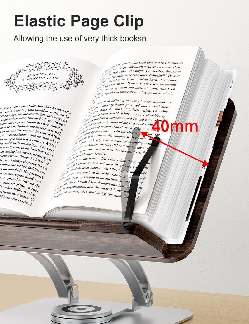 Tounee Book Stand for Reading, Adjustable Book Holder with 360Â° Swivel Base, Foldable Cookbook Stand Recipe Book Holder with Elastic Page Clips for Music Scores, Recipe, Tablet, Laptop-Silver - Image 4