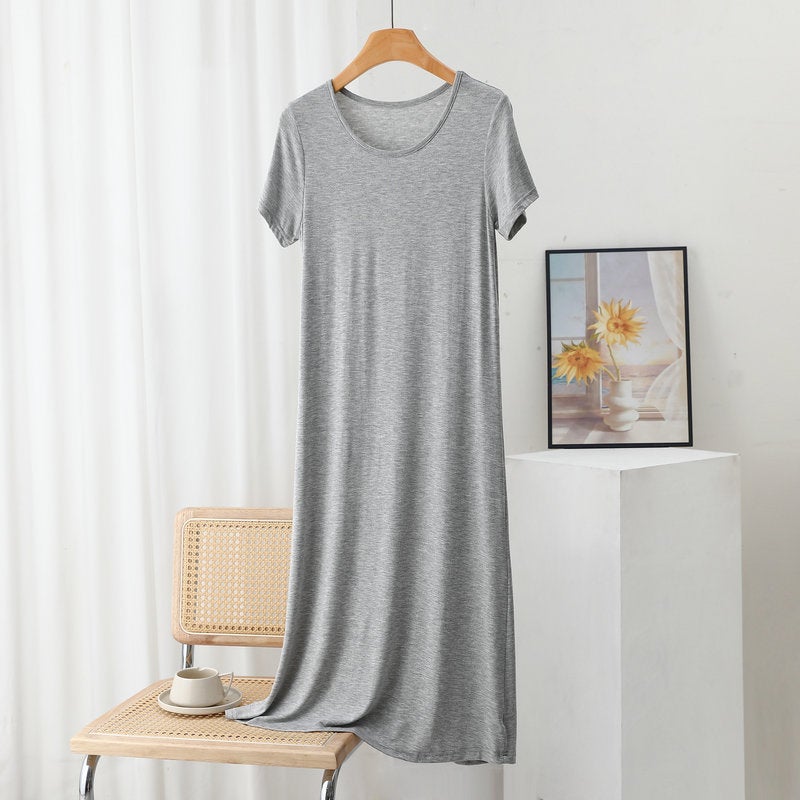 Modal short sleeve dress womens summer thin loose underskirt plus size outer wear round neck bottoming skirt home casual dress Long light gray