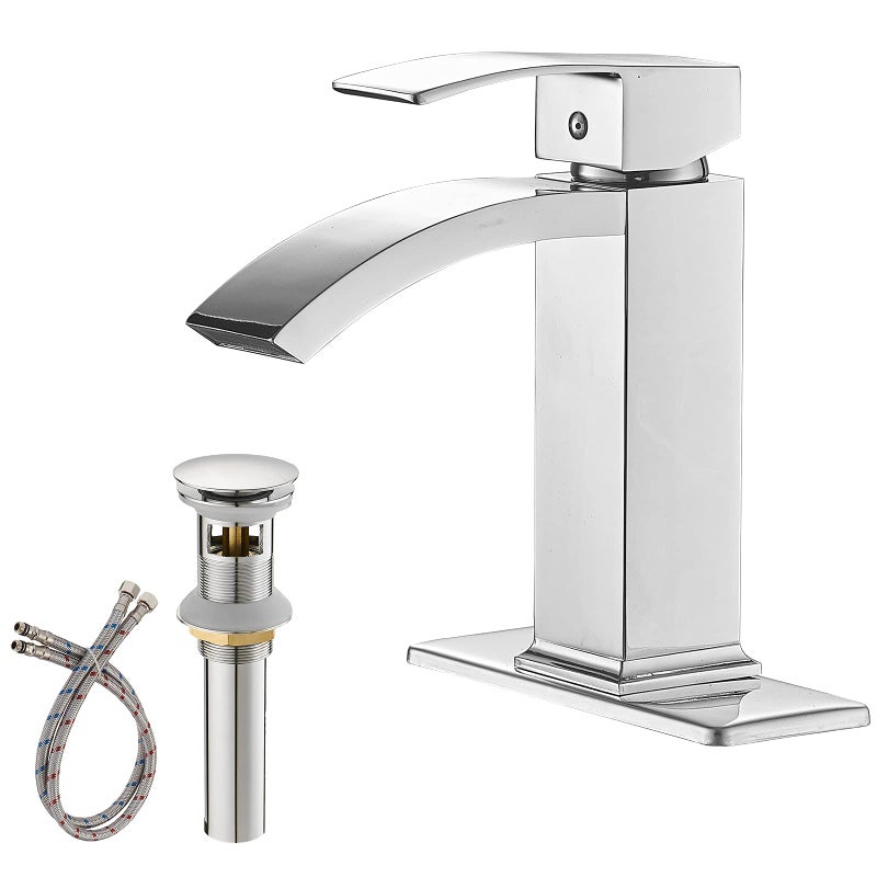 Greenspring Chrome Bathroom Sink Faucet Waterfall Bathroom Faucets 1 Hole Single Handle Waterfall Spout Brass Modern Lavatory Commercial Bath Vanity Bowl Faucets with Drain and Supply Line