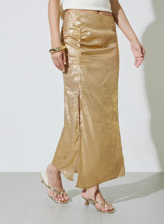 تايك تو Gold Bias Cut Maxi Skirt With Slit