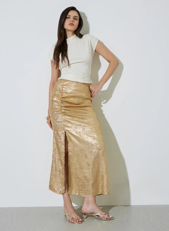 تايك تو Gold Bias Cut Maxi Skirt With Slit