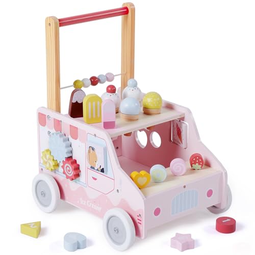 labebe Wooden Baby Walker Push Activity Walker for Kids 12M Multifunctional Ice Cream Cart Activity Adjustable Speed Learning Walking with Wheels Birthday Gift for Girls Boys Ages 13 Pink - Image 1