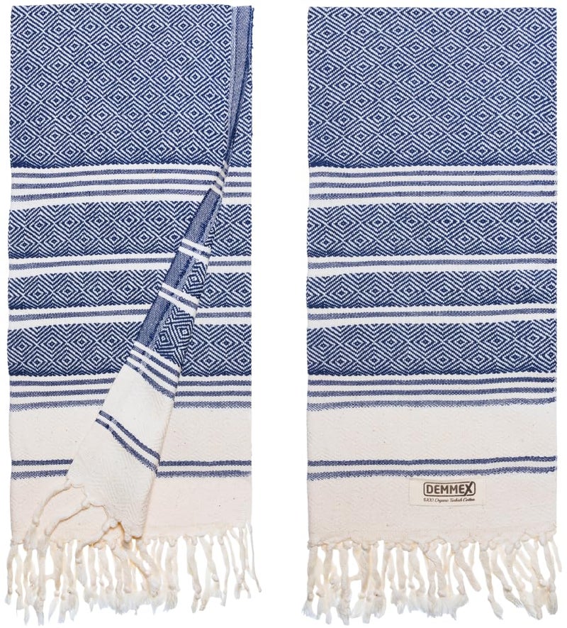 DEMMEX Organic Turkish Hand Towels for Bathroom  100 OekoTEX Certified Turkish Cotton Quick Dry Lightweight Kitchen  Travel Towels Diamond Weave Large 18x36 Inches Set of 2 Navy Blue