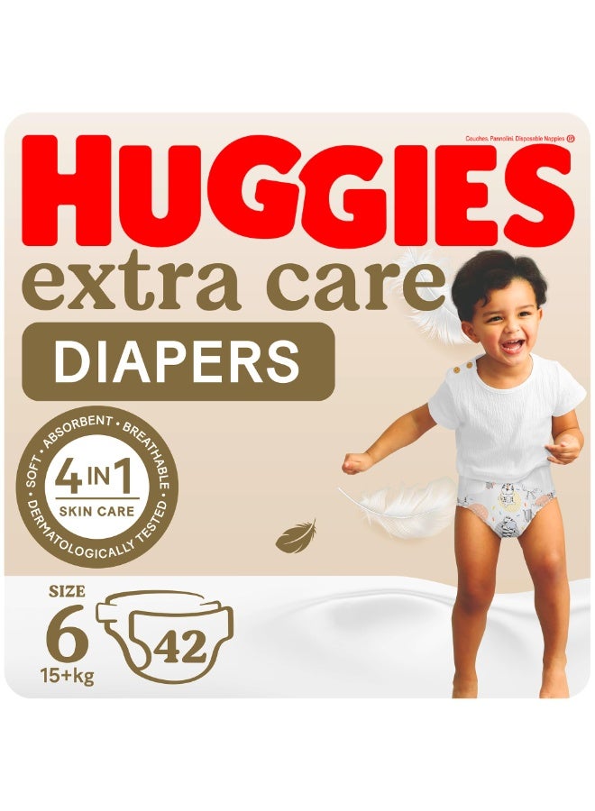 هجيز حفاضات Huggies Extra Care مقاس 6 (15+ كجم) 42 قطعة 4 في 1 للعناية بالبشرة وسائد ماصة ناعمة وجيدة التهوية حتى 12 ساعة من الحماية - Image 1