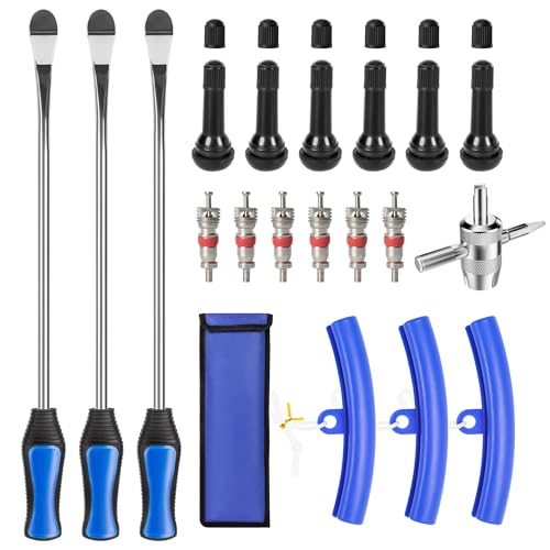 MTROYALDIA Tire Spoons, 26 PCS Tire Changing Kit for Motorcycle Dirt Bike Lawn Mower Tractor, Tire Removal Tool Set with Rim Protectors, Valve Tool, Valve Cores, Valve Caps, Valve Stems, Storage Bag - Image 1