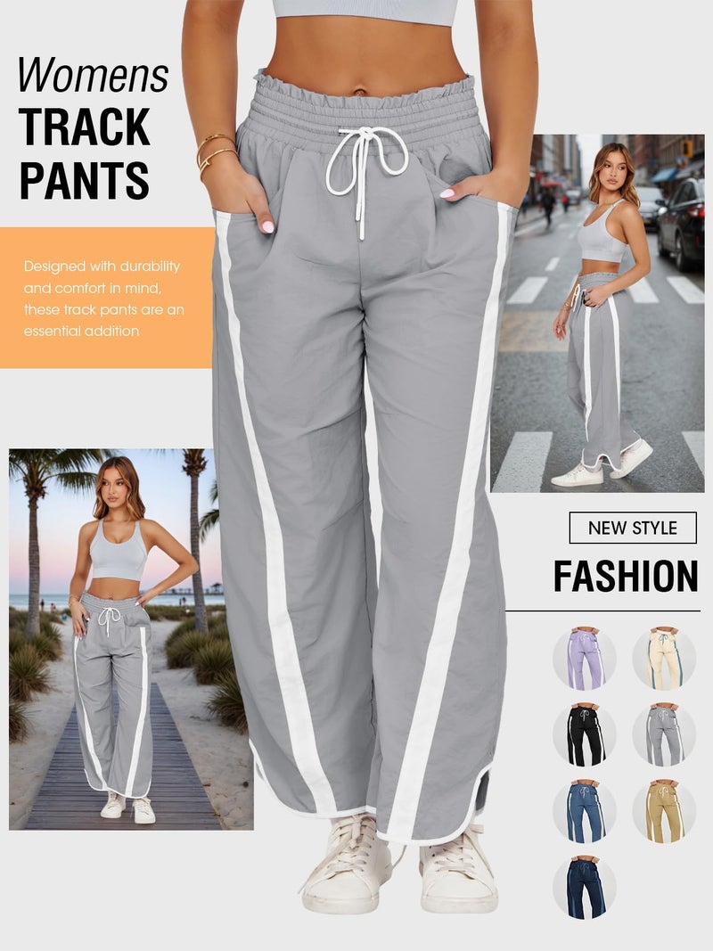 Fisoew Women's Baggy Wide Leg Pants Casual Drawstring Elastic Waisted Contrast Color Workout Y2K Track Pants Light Grey - Image 4