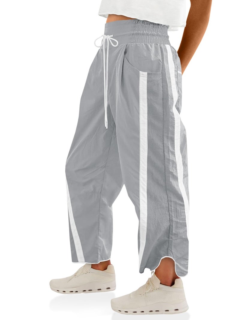 Fisoew Women's Baggy Wide Leg Pants Casual Drawstring Elastic Waisted Contrast Color Workout Y2K Track Pants Light Grey - Image 1