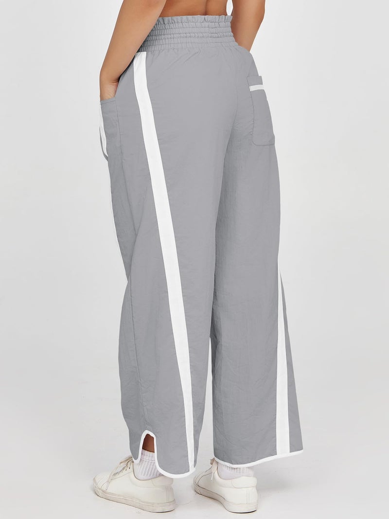 Fisoew Women's Baggy Wide Leg Pants Casual Drawstring Elastic Waisted Contrast Color Workout Y2K Track Pants Light Grey - Image 5