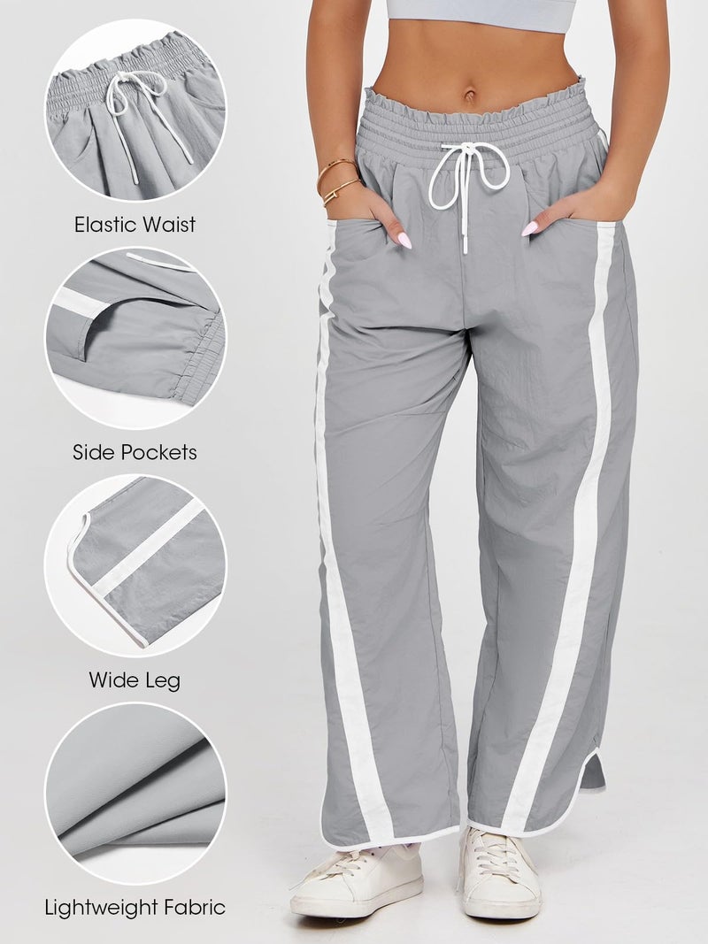 Fisoew Women's Baggy Wide Leg Pants Casual Drawstring Elastic Waisted Contrast Color Workout Y2K Track Pants Light Grey - Image 3