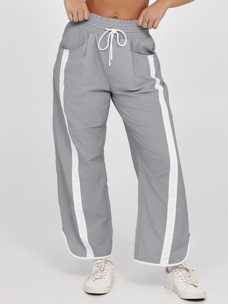 Fisoew Women's Baggy Wide Leg Pants Casual Drawstring Elastic Waisted Contrast Color Workout Y2K Track Pants Light Grey - Image 2