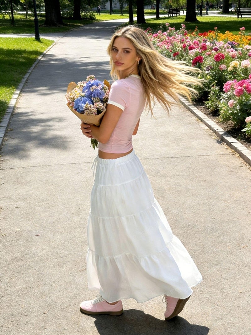 Verdusa Women's Long Maxi Skirt 2026 Boho Flowy Ruffle Flared Skirts Beach Vacation Going Out Outfits White Large - Image 4
