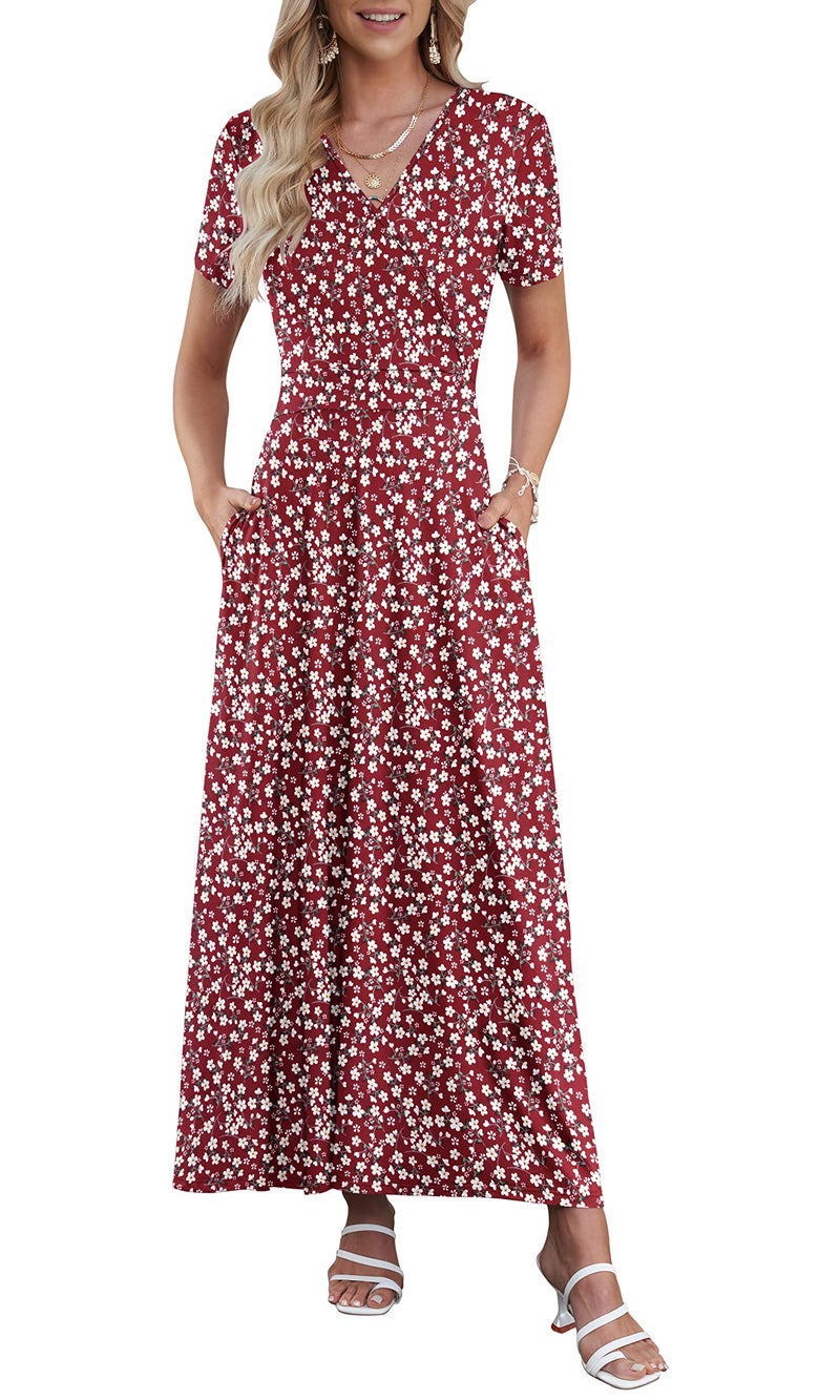 AUSELILY Maxi Dresses for Women Ankle Length Floral Print Beach Long Flowy Dress with Pockets Red Flowers M - Image 1
