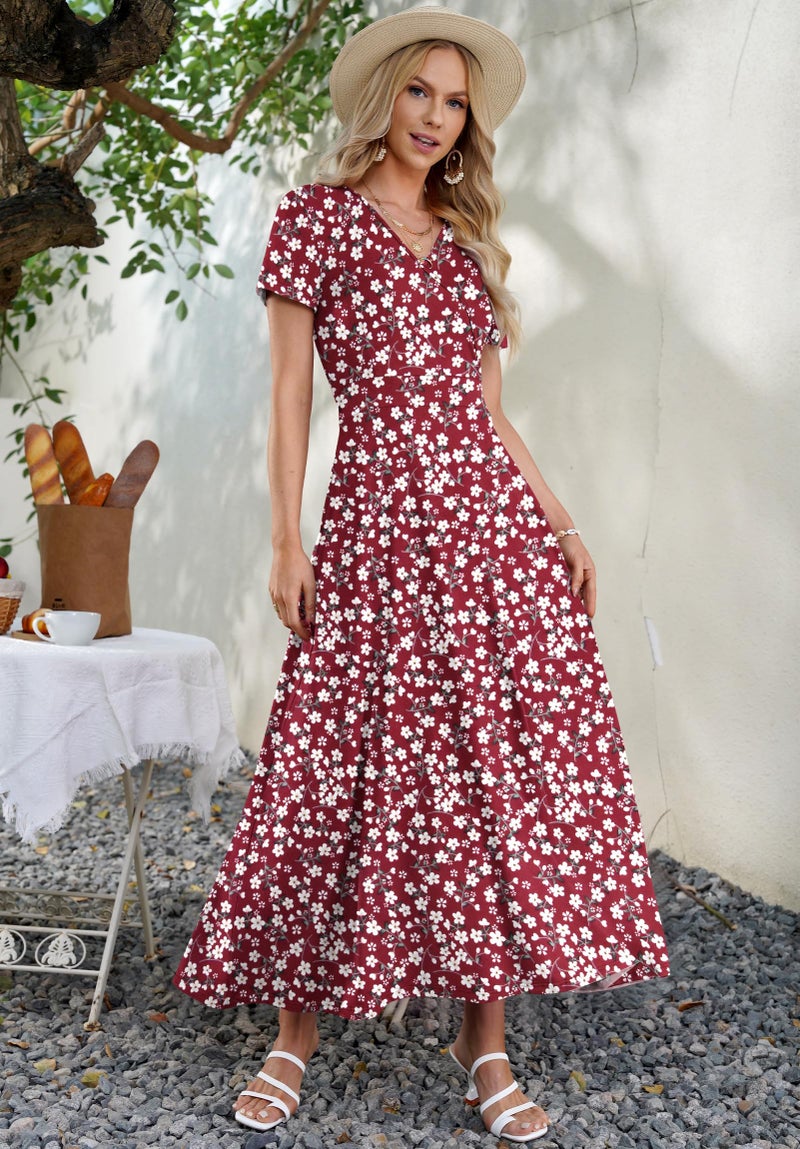 AUSELILY Maxi Dresses for Women Ankle Length Floral Print Beach Long Flowy Dress with Pockets Red Flowers M - Image 4