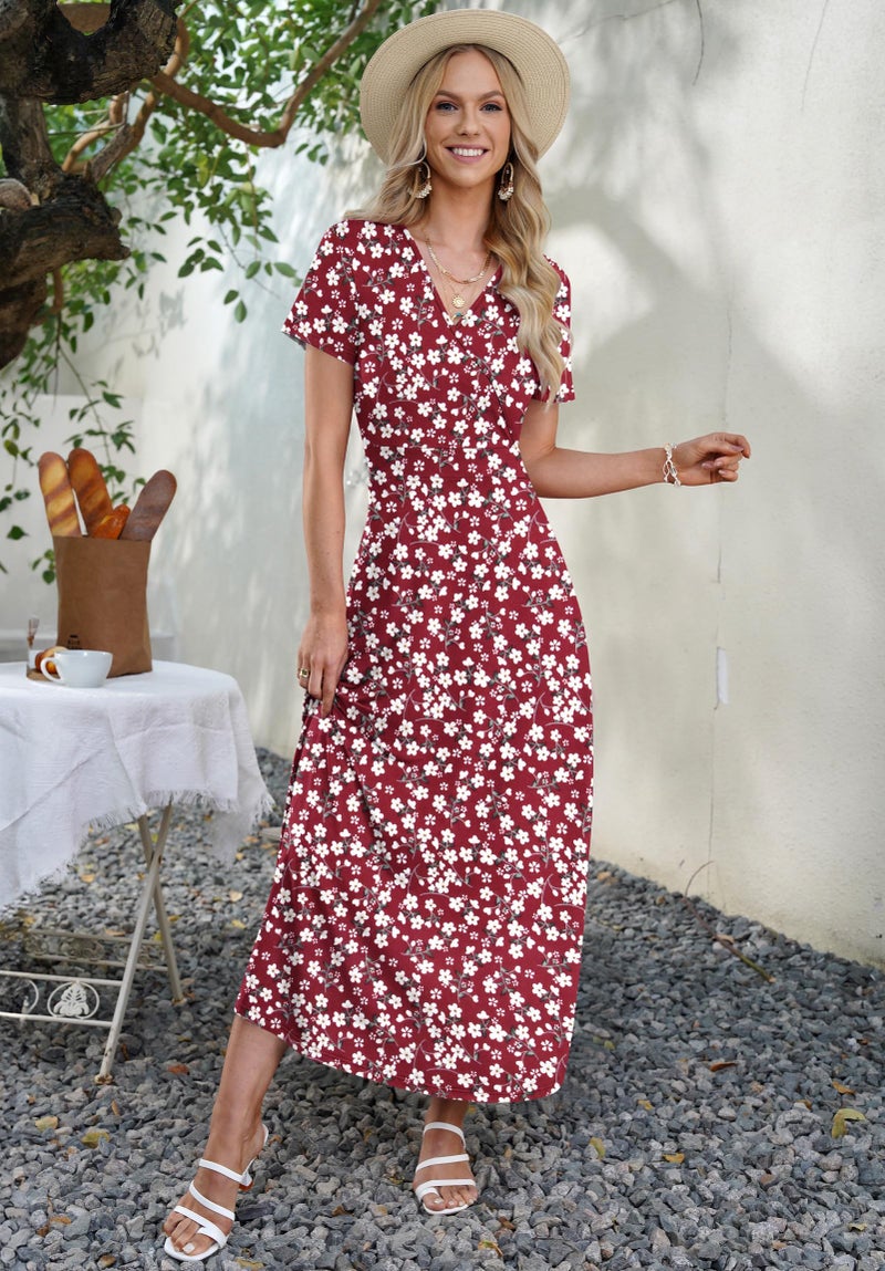 AUSELILY Maxi Dresses for Women Ankle Length Floral Print Beach Long Flowy Dress with Pockets Red Flowers M - Image 5
