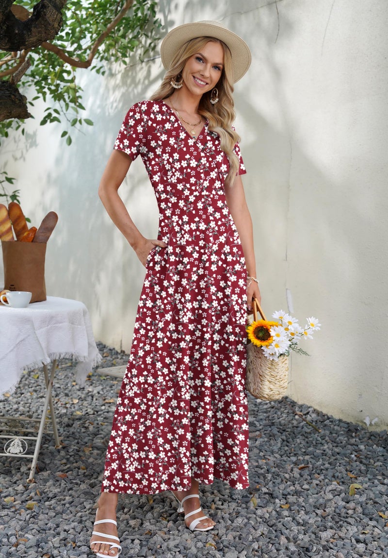 AUSELILY Maxi Dresses for Women Ankle Length Floral Print Beach Long Flowy Dress with Pockets Red Flowers M - Image 3