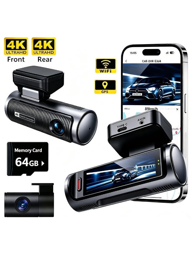 NEW SMART Dash Cam Ultra HD 4K+4K Front and Rear 64GB Memory Card,3.0”Screen Built-in GPS Wifi Car DVR 24H Parking Monitor Night Vision Rear Cam for  Honda, Toyota, Nissan, Hyundai... - Image 1