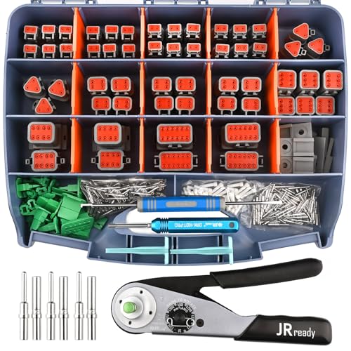 JRready DW5010 Deutsch Connector Kit, 2 3 4 6 8 12 Pin IP68 Waterproof DT Connectors Kit with ACT-M202 Deutsch Crimp Tool for 12-22AWG, Size 16 Solid Contacts 16-20AWG and Pin Removal Tools - Image 1