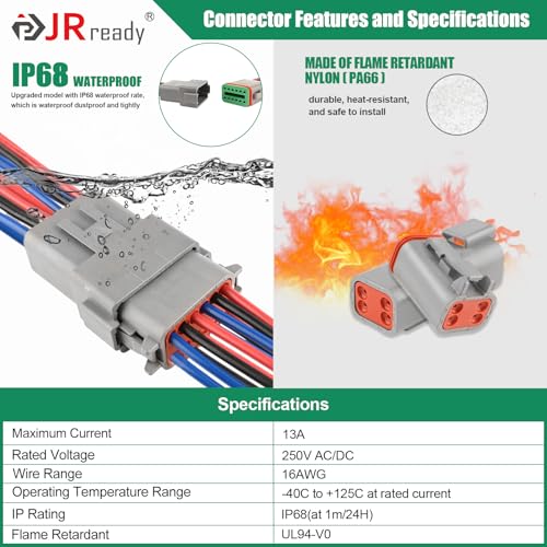 JRready DW5010 Deutsch Connector Kit, 2 3 4 6 8 12 Pin IP68 Waterproof DT Connectors Kit with ACT-M202 Deutsch Crimp Tool for 12-22AWG, Size 16 Solid Contacts 16-20AWG and Pin Removal Tools - Image 3