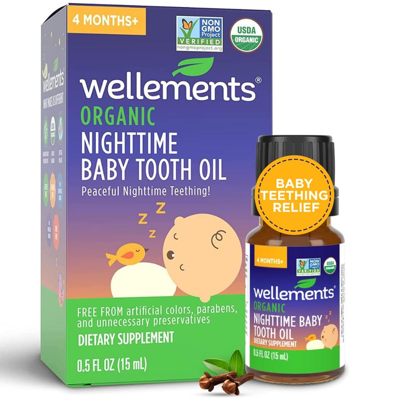 Wellements Organic Nighttime Baby Tooth Oil for 4 Months+ (0.5 Fl Oz) - Baby Teething Relief Oil* for Soothing & Massage for Tiny Gums* - Organic Blend of Essential Oils & Sleepy Time Herbs* - Image 1