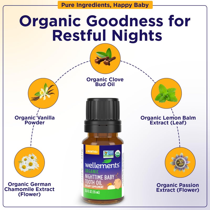 Wellements Organic Nighttime Baby Tooth Oil for 4 Months+ (0.5 Fl Oz) - Baby Teething Relief Oil* for Soothing & Massage for Tiny Gums* - Organic Blend of Essential Oils & Sleepy Time Herbs* - Image 4