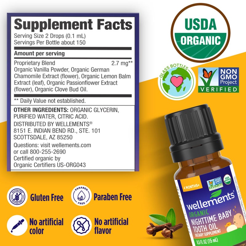 Wellements Organic Nighttime Baby Tooth Oil for 4 Months+ (0.5 Fl Oz) - Baby Teething Relief Oil* for Soothing & Massage for Tiny Gums* - Organic Blend of Essential Oils & Sleepy Time Herbs* - Image 3