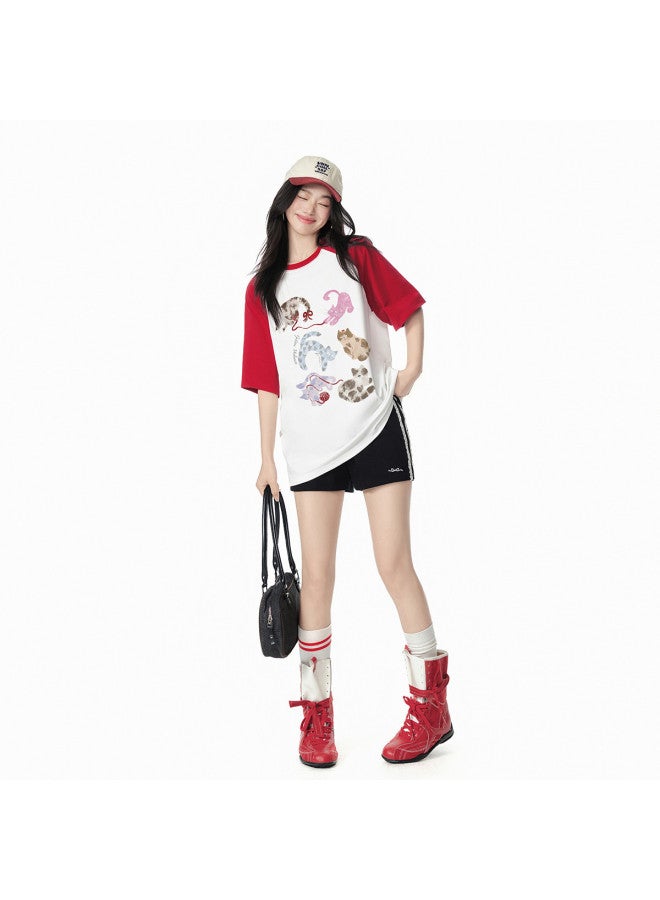 EPTISON Drop Shoulder T-shirt Women 2025 Summer New Lazy Cat Print Tee Round Neck Casual Short Sleeve Top - Image 4