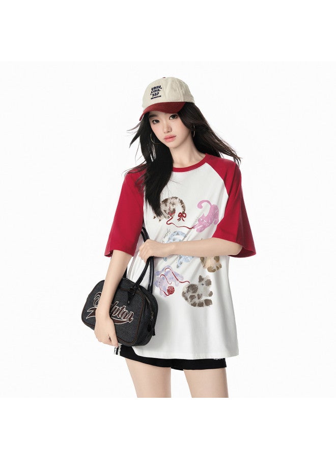 EPTISON Drop Shoulder T-shirt Women 2025 Summer New Lazy Cat Print Tee Round Neck Casual Short Sleeve Top - Image 3