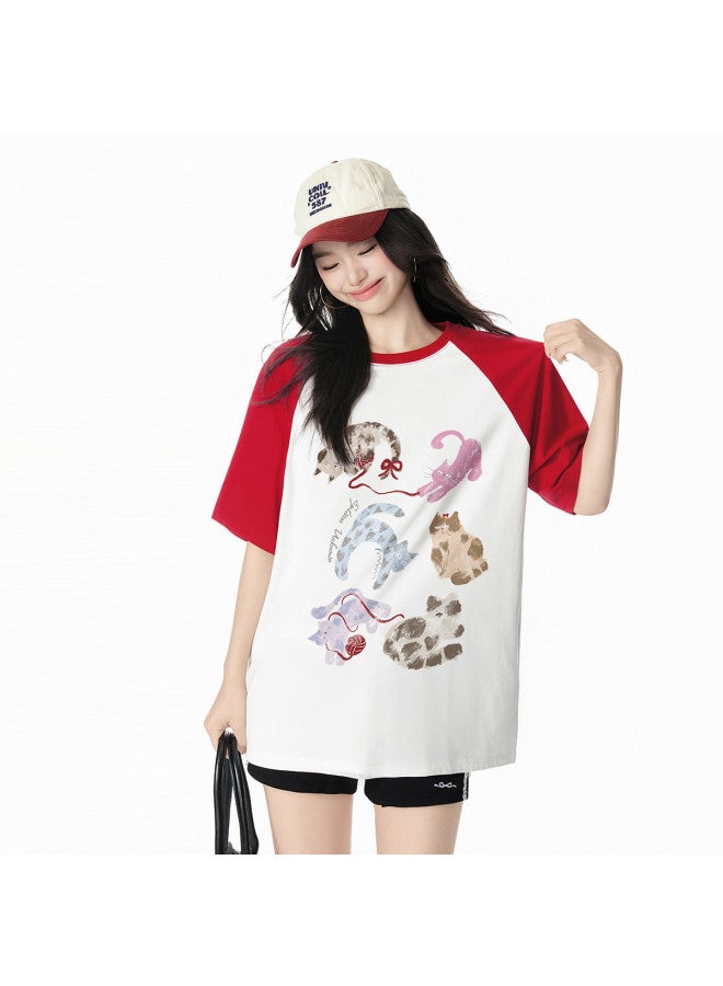 EPTISON Drop Shoulder T-shirt Women 2025 Summer New Lazy Cat Print Tee Round Neck Casual Short Sleeve Top - Image 2