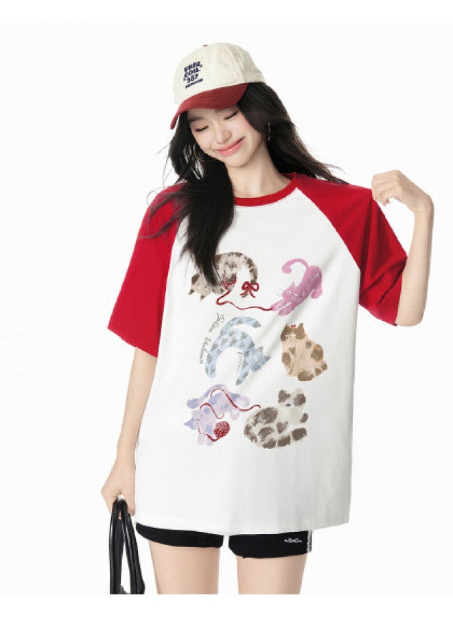 EPTISON Drop Shoulder T-shirt Women 2025 Summer New Lazy Cat Print Tee Round Neck Casual Short Sleeve Top - Image 1
