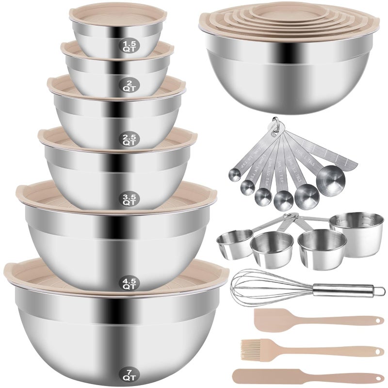 Wepsen Mixing Bowls Set  27Pcs Khaki Mixing Bowls With Lids Set Stainless Steel Kitchen Large Nesting Metal Bowl 7Qt To 1.5Qt  Measuring Cups And Spoons For Prepping Cooking Serving - Image 1